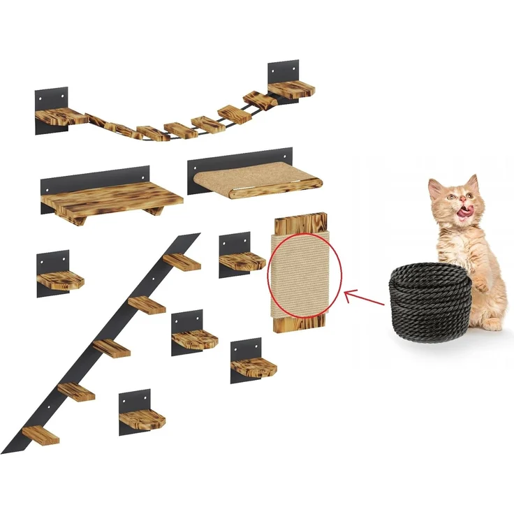 QLS Katzen-Kletterwand LOFT Wandmontage, Set Aus Metall pulverbeschichtet und Holz Geflammt 10 Teilig – Bild 5