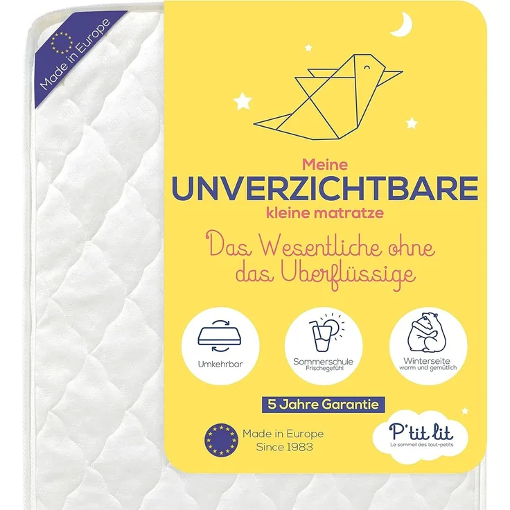 P'tit Lit - Unentbehrliche Babymatratze - 60x120 cm - Klimatisiert: 1 Sommerseite / 1 Winterseite - Oeko Tex®