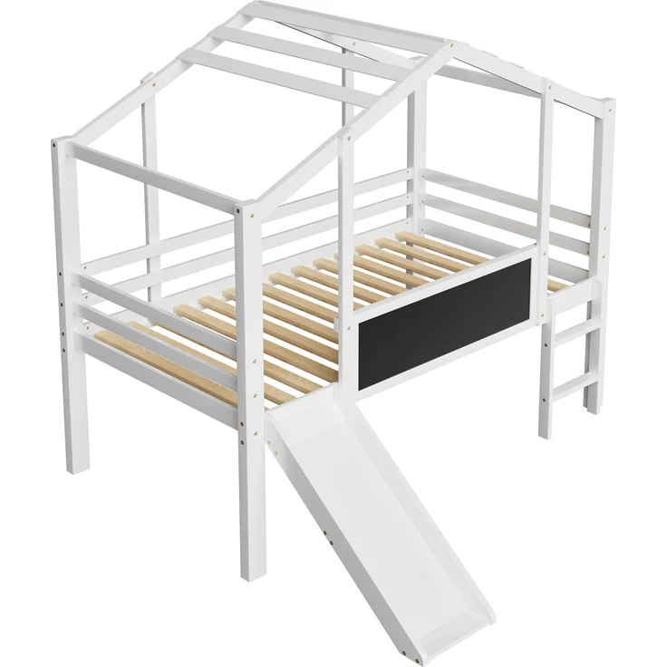 Kinder-Loftbett 90x200 cm mit Rutsche, Hausstil, Leiter & Blackboard,Massivholz Spielbett,Weiß – Bild 8