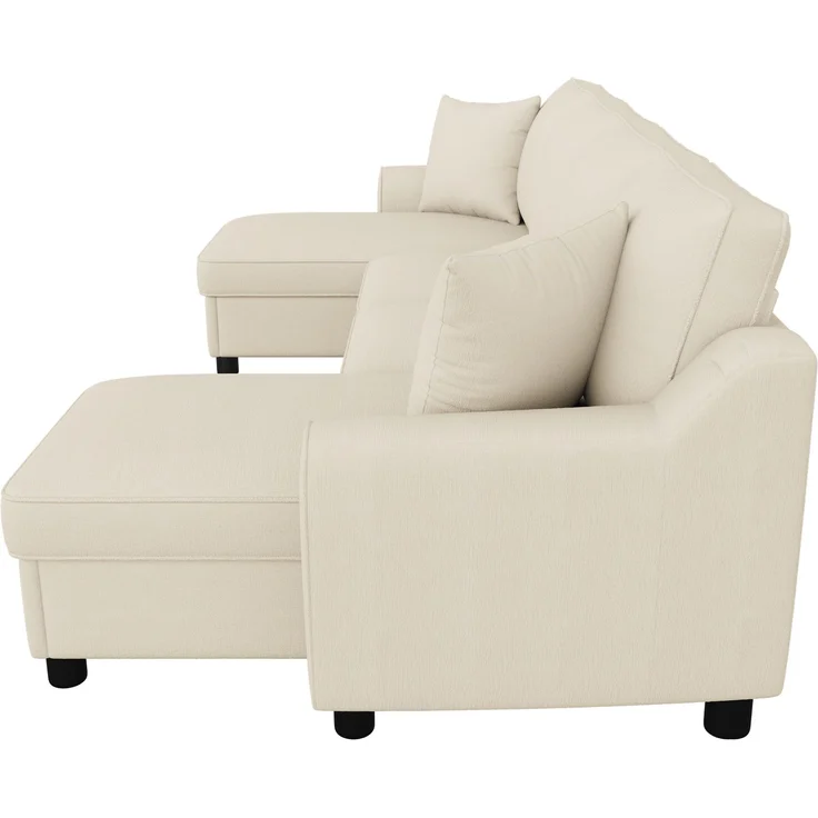 Chenille-U-Sofa mit 2 Stauraum-Chaiselongues und 2 Kissen, gepolsterte Wohnlandschaft 280 cm mit Taschenfederkern, Beige – Bild 18