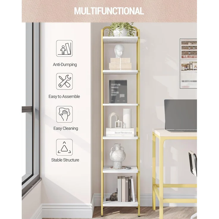 Bücherregal, Regal, Standregal, Schmales Bücherregal, Industrielles Eckregal, Schlankes Regal für Heimbüro, Wohnzimmer, Schlafzimmer, Küche, 6 Ebenen Weiß-Gold – Bild 8