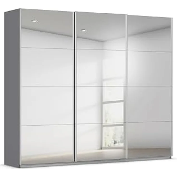 Rauch Möbel Kulmbach, Kleiderschrank mit Schwebetüren für Schlafzimmer, Kinderzimmer, Jugendzimmer, Garderobe, Flur, 3-türig, mit Spiegel, Zubehör Basic, Farbe Grau metallic, Schwarz, Breite 271 cm