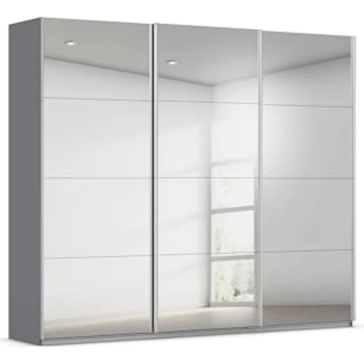Rauch Möbel Kulmbach, Kleiderschrank mit Schwebetüren für Schlafzimmer, Kinderzimmer, Jugendzimmer, Garderobe, Flur, 3-türig, mit Spiegel, Zubehör Basic, Farbe Grau metallic, Schwarz, Breite 271 cm – Bild 1