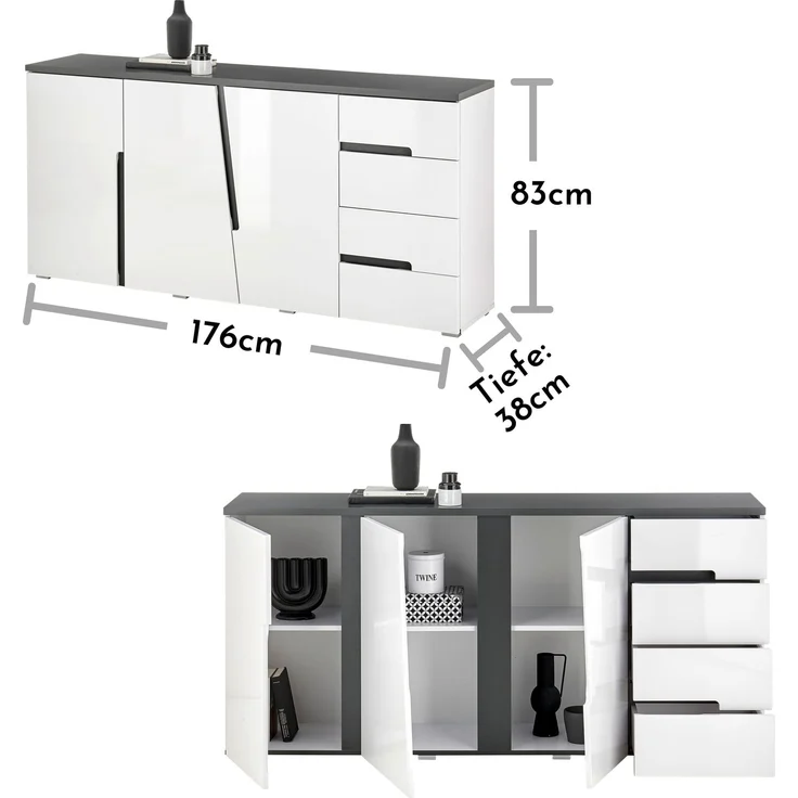 Kommode >Boston< in Weiß hochglanz - 176x83x38cm (BxHxT) – Bild 6