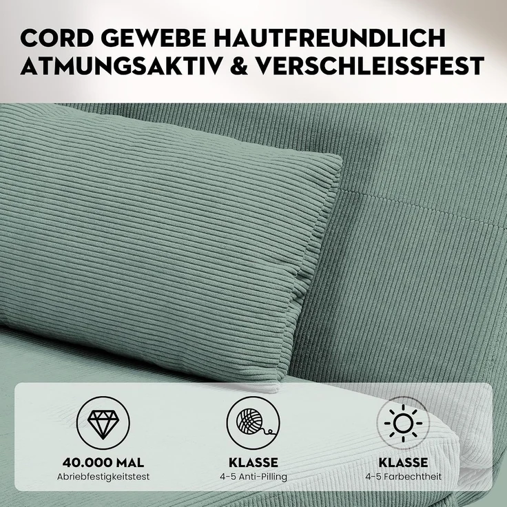 COMHOMA Sofa Schlafsofa mit Schlaffunktion, überzug Futon Klappsofa, Bettcouch, ecksofa, Couch Gästebett, 3-Sitzer Sofa, mit verstellbare Rückenlehne aus Cordstoff Grün – Bild 5