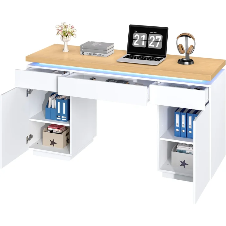 ZUBALIYA 140×50cm großer Schreibtisch,verlängerte und verdickte Tischplatte mit LED-Beleuchtung, ausgestattet mit 3 Schubladen,2 Türen und verstellbaren Einlegeböden,großer Stauraum, Schreibtisch, Schminktisch – Bild 4