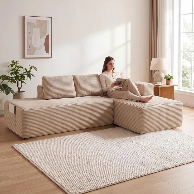 COMHOMA Ecksofa mit Schlaffunktion, 228cm Corduroy Modulares Boneless Couch mit Chaiselongue & Rücken-Metallgestell, L-Form Schlafsofa mit offenem Design, Kissen & Seitentaschen,für Wohnzimmer, Beige-L – Bild 7