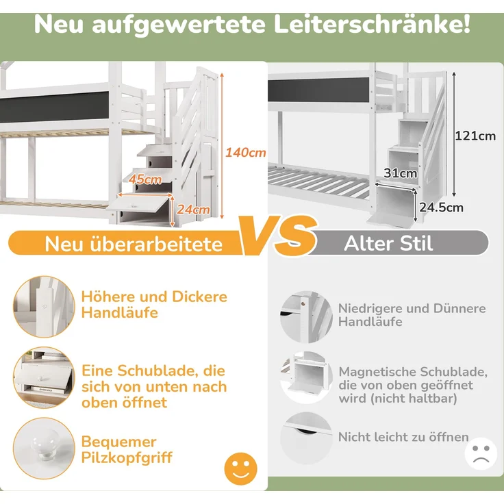 Kinder-Etagenbett "Baumhaus" 97x256x223 cm, Weiß, mit Tafel & Staufachtreppe – Bild 6