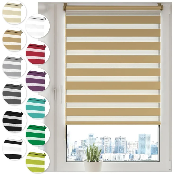 Doppelrollo Klemmfix ohne Bohren 75x210 cm Beige Duo Rollo Klemmrollo Sonnenschutzrollo Fensterrollo für Fenster & Türen Zebrarollo Seitenzugrollo – Bild 1
