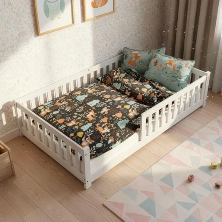 Juskys 'Naya' Kinderbett - mit Rausfallschutz & Lattenrost - Bodenbett für Kinder 3 -10 Jahre - modern, Holz Weiß, 140x200 cm – Bild 2