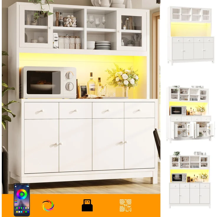 Hochbuffetschrank 140*38.5*180cm mit App-gesteuerter RGB-LED, Glastüren & 4 Schubladen, verstellbare Einlegeböden, Naturholz-Optik, belastbar bis 100kg – Bild 2