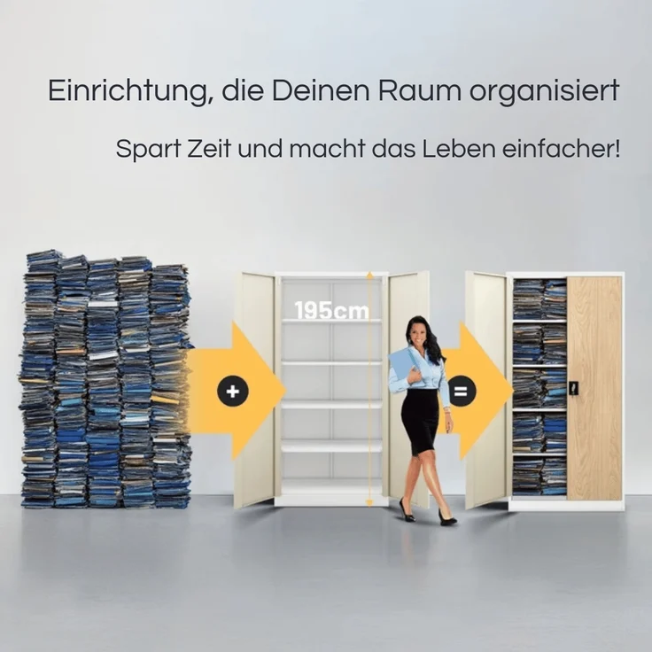 MegaDeal 4x Aktenschrank abschließbar KADO - 5 Ebenen verstellbar, Flügeltüren | Metallschrank Werkstatt Mehrzweckschrank Büroschrank aus Stahl Werkzeugschrank, 195x90x40cm Weiß-Sonoma Eiche – Bild 3