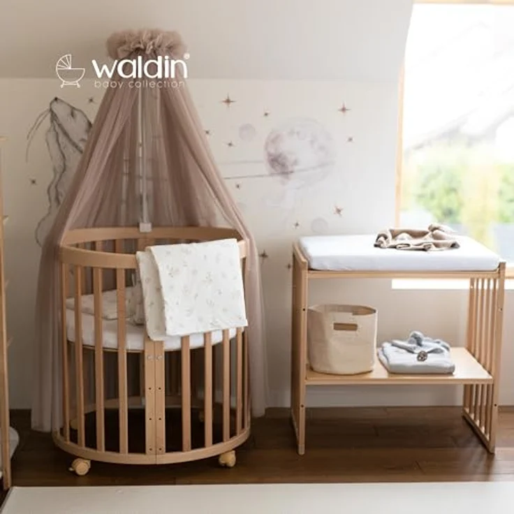 Waldin Oval Baby-Bett Mitwachsend Komplett Set 7in1, Gitterbett, Kinderbett mit Matratze, Wickelkommode, Beistellbett, Holz Natur, Stoffe Taupe Zweige – Bild 4