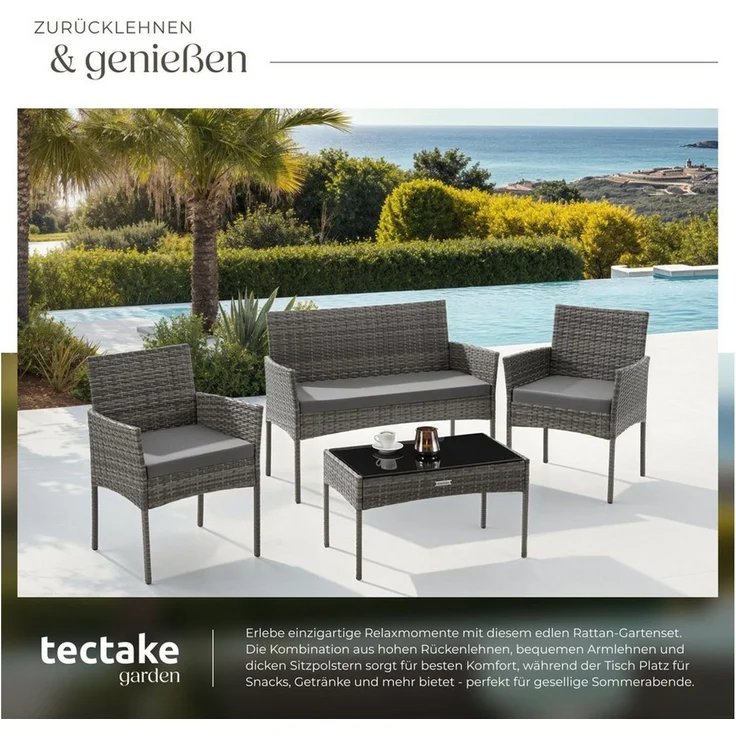 tectake Sitzgruppe Rattan Gartenset, (Set, 4-tlg), Wasserabweisende, abnehmbare und waschbare Polyesterbezüge – Bild 3