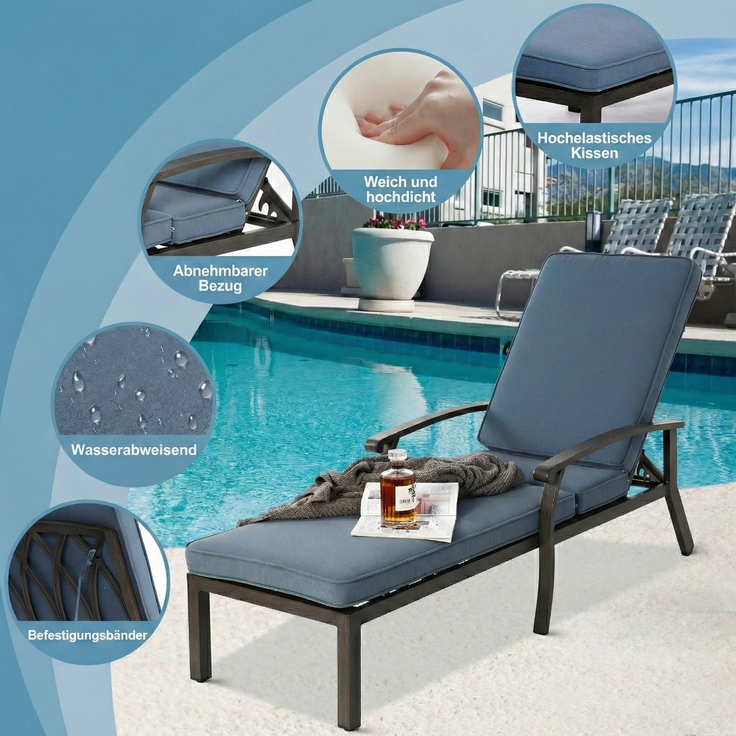 LVHOM Luxus Sonnenliegen 1 St, Verstellbare Aluminium-Liege mit Kissen, Gartenliege Rostfrei/wasserfest, 60 x 183 x 39 cm – Bild 7