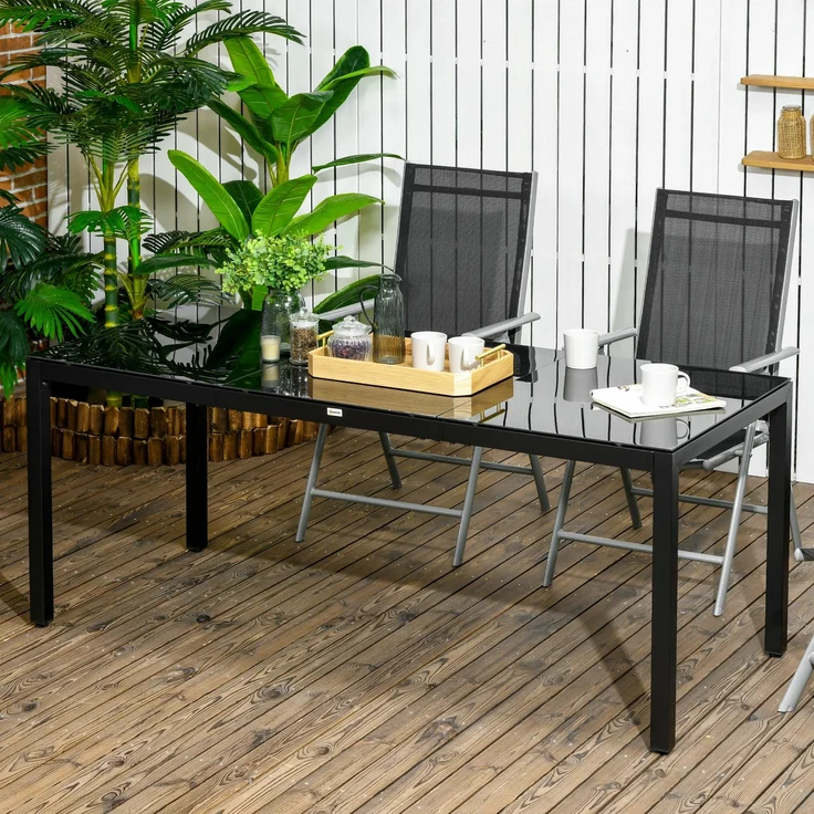 Rechteckiger Gartentisch für 8 Personen mit Tischplatte aus gehärtetem Glas und schwarzem Aluminiumrahmen – Bild 3