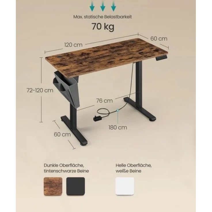 Songmics Höhenverstellbarer Schreibtisch elektrisch, 60x120 x (72-120) cm, Verstellbarer Tisch, Memory-Funktion für 4 Höhen, für Homeoffice, Arbeitszimmer, vintagebraun – Bild 5