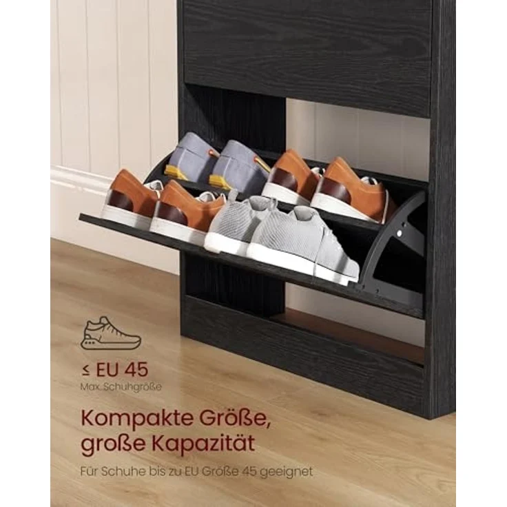 Vasagle Schuhschrank 3 Klappen, Schuhkipper, Schuhregal, Schuhaufbewahrung, offenes Fach, Trennwand verstellbar, für 14-18 Paar Schuhe, Flur, 24 x 60 x 139 cm, ebenholzschwarz LBCDE046B03 – Bild 5