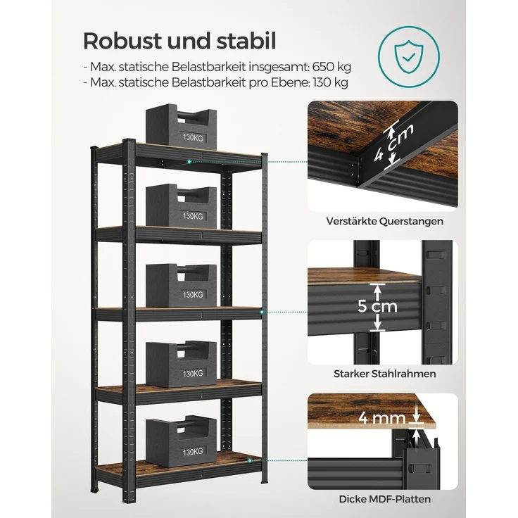 Songmics Schwerlastregal mit 5 Ablagen, Stahl / MDF, Schwarz / Vintagebraun, 150 x 30 x 75 cm – Bild 5