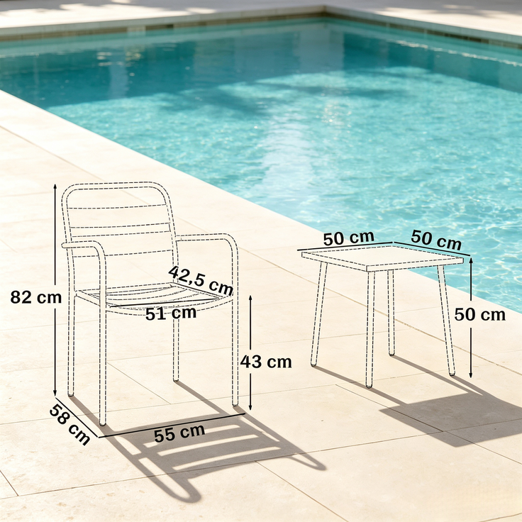 Garten-Bistro-Set mit Tisch H 50 x T 50 x B 50 cm, verzinktem Stahl und gehärtetem Glas, mit 2 Stühlen – Bild 4