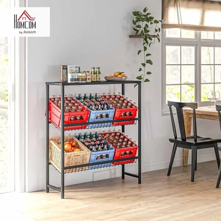 HOMCOM Getränkekistenregal für 6 Kisten, Freistehend Getränkeregal mit Verstellbar Regalhöhe, 3 Ebenen, Kistenregal mit Rutschschutz, 103 x 33 x 113,5 cm, Stahl, Schwarz – Bild 2