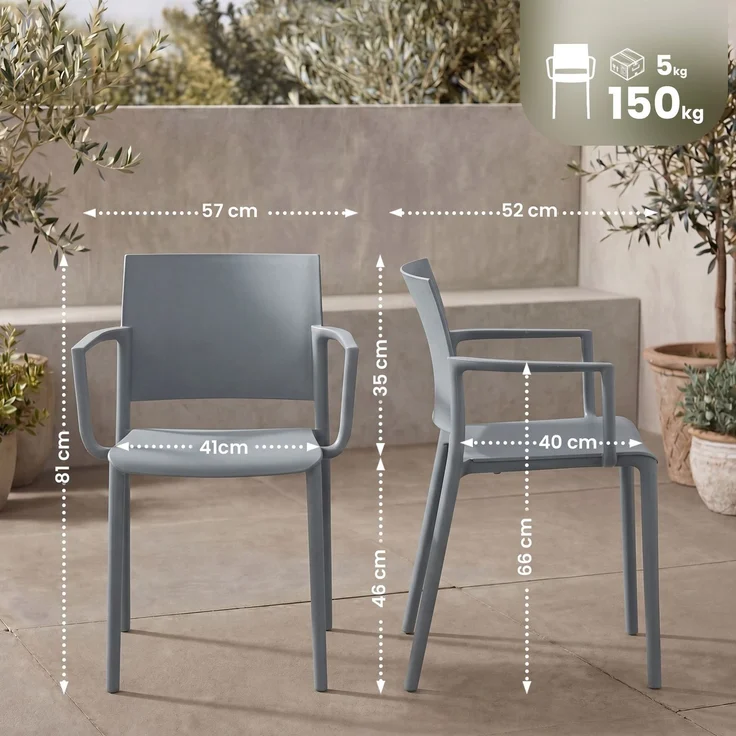 CLP Gartenstuhl wetterfest Valtor UV-beständig mit Armlehnen belastbar bis 150 kg,grau – Bild 2