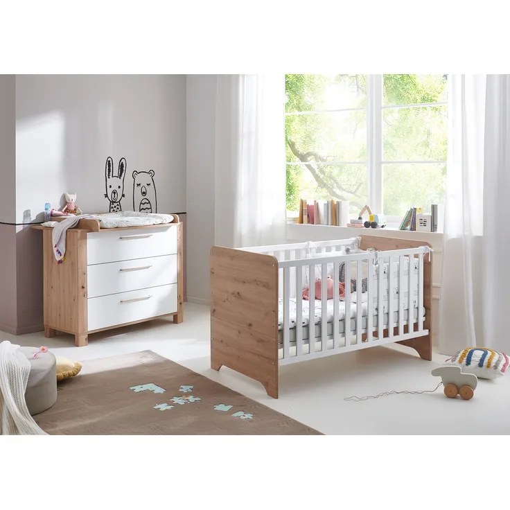 Babymöbel-Sparset »Marlon« 2-teilig, Wickelkommode, Babybett, Artisan Oak / Kreideweiß, Arthur Berndt