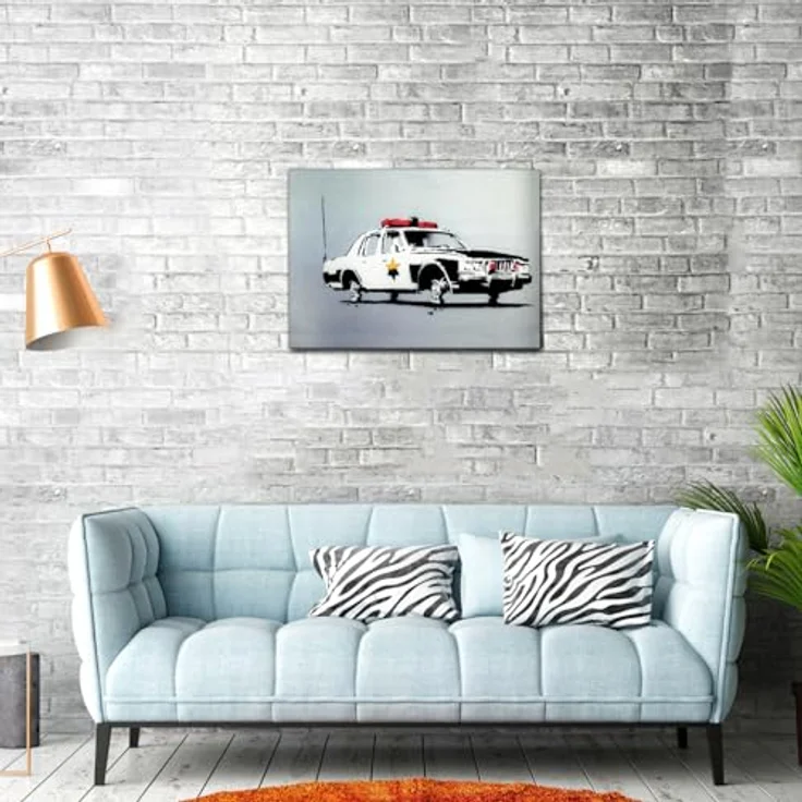 Giallobus Banksy Polizeiauto Gemälde auf Leinwand mit Standardrahmen, 70x50 cm, bereit zum Aufhängen, hochauflösender Druck, 100% made in Italy – Bild 3