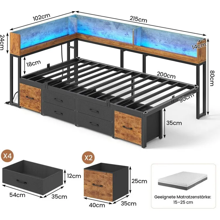 MSMASK Daybett Schlafsofa mit LED-Beleuchtung & Ladestation, Jugendbett Kinderbett, mit Integriertem Bücherregal & 6 Schubladen, 90x200cm