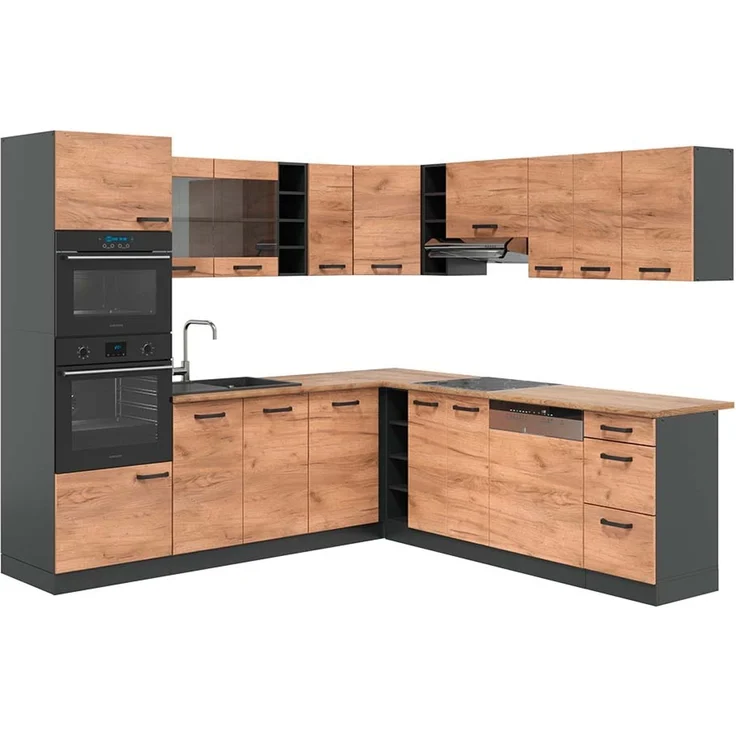 Eckküche R-Line Goldkraft Eiche/Anthrazit 247 x 237 cm, AP Eiche Vicco – Bild 1