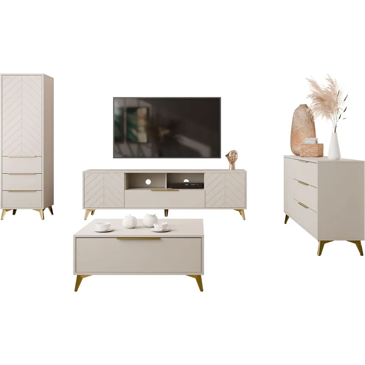 Wohnzimmer-Set Xylix I Kommode, Couchtisch, TV-Lowboard, Kleiderschrank (Farbe: Sandbeige) – Bild 3
