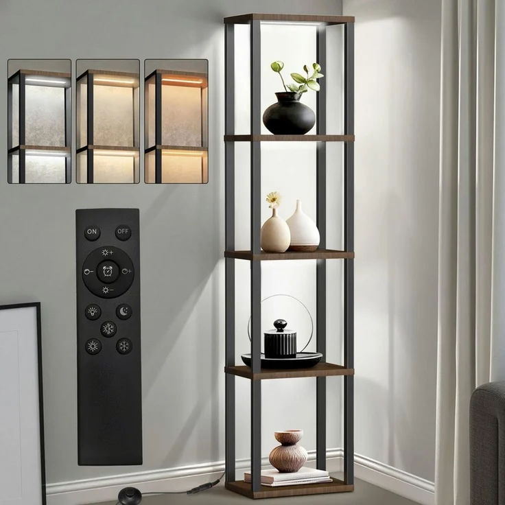 XIIW Stauraumvitrine 5 Etagen LED Standvitrine Standregal Bücherregal Vitrine 38×27×164 cm (Vitrinenschrank mit MDF-Regalen, Fußschalter und Fernbedienung) für Wohnzimmer Schlafzimmer Flur Büro – Bild 1