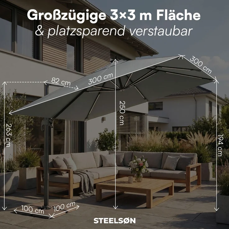 STEELSØN 'Elaris' Premium Sonnenschirm 300x300 cm quadratisch mit LED, neigbar und 360-Grad drehbar, anthrazit, Ampelschirm inkl. Hülle, extrem robuste Metall-Stange, 220 g/m² Polyester, UV50+ – Bild 9