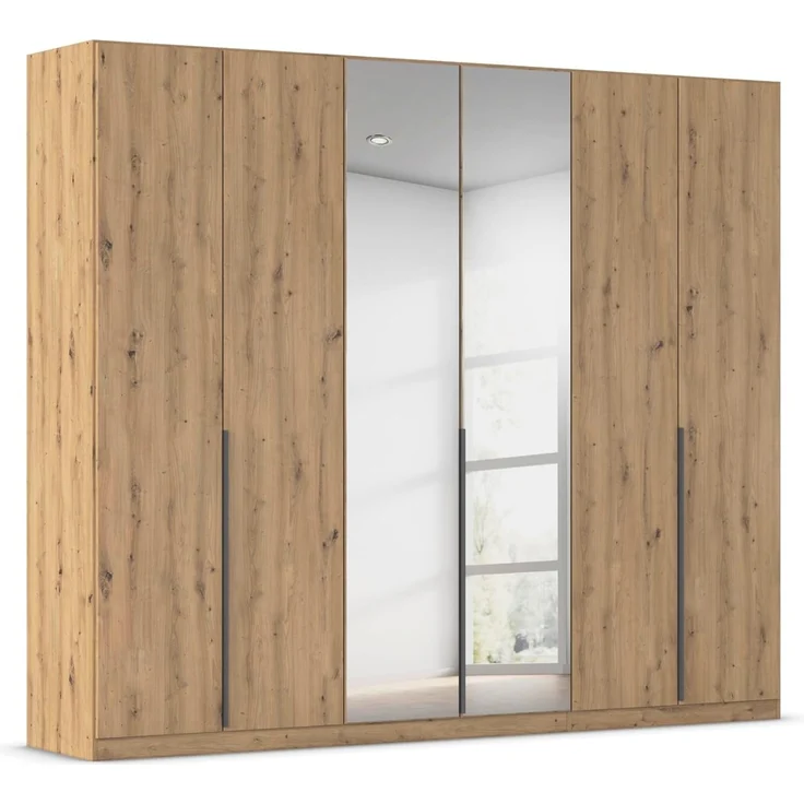 Rauch Möbel Alabama, Kleiderschrank, Garderobenschrank, 6-türig, Spiegel, Zubehör Classic, 3 Kleiderstangen, 6 Einlegeböden, Farbe Eiche Artisan, Holz, Griff Grau metallic, 271 x 210 x 54 cm – Bild 1