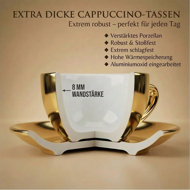 MUVELL Cappuccinotasse 6er Cappuccino-Set "FLORENZ" Tasse 200ml + Untertasse, gold, 6-tlg, Keramik, 200 ml robust – Bild 3