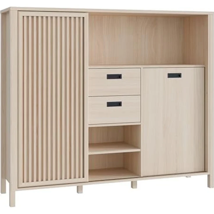 Forte JYTANA Schrank 150, skandinavischer Schrank mit 2 Schubladen und Schranktüren und 3 Regalfächern, Riva Eiche Holzdekor, 149,9 cm breit x 129,9 cm hoch x 40,2 cm tief – Bild 4