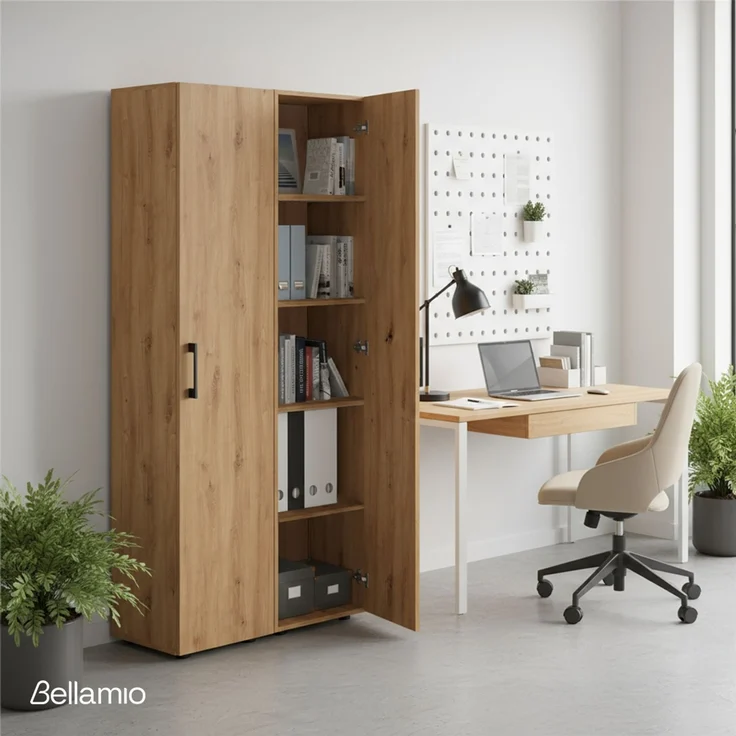 Bellamio 'Apol' Mehrzweckschrank schmal, Eichenoptik, 176x33x40 cm, Aktenschrank mit 5 Ablagefächern, Tür beidseitig montierbar – Bild 2