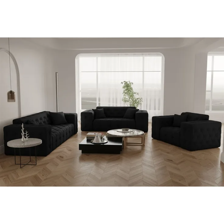 Sofaset Designersofa CHANTAL 3-2-1 in Stoff Opera Velvet Schwarz