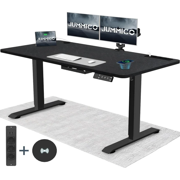 JUMMICO Höhenverstellbarer Schreibtisch mit Kabelloser Ladestation und Euro-Steckdose mit USB, Schreibtisch Höhenverstellbar Elektrisch Stehtisch, Standing Desk (Schwarze Felsplatte 160x80 cm) – Bild 1