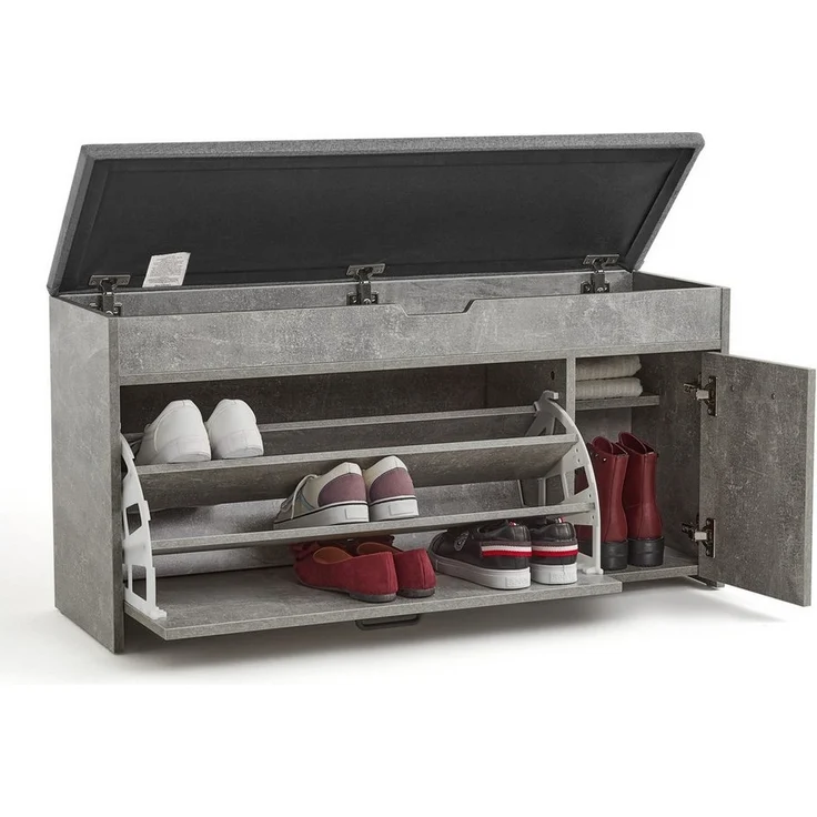 Mondeer Schuhbank Schuhhocker, mit Sitzfläche, mit Klappschublade, 100 x 30 x 52 cm, Weiß + Grau – Bild 2