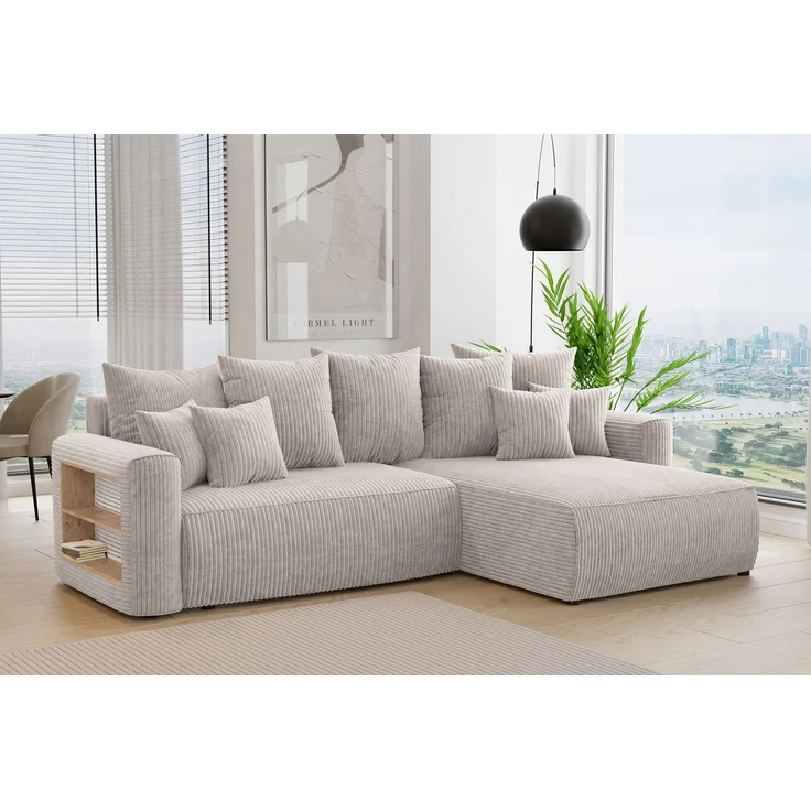 MEBLINI Schlafcouch mit Bettkasten - 260 x 160 x 78 cm - Beige Cordstoff - NAPLES - Kleines Ecksofa mit Schlaffunktion - Sofa mit Relaxfunktion und Kissen - Kleine Couch L-Form - Eckcouch – Bild 2