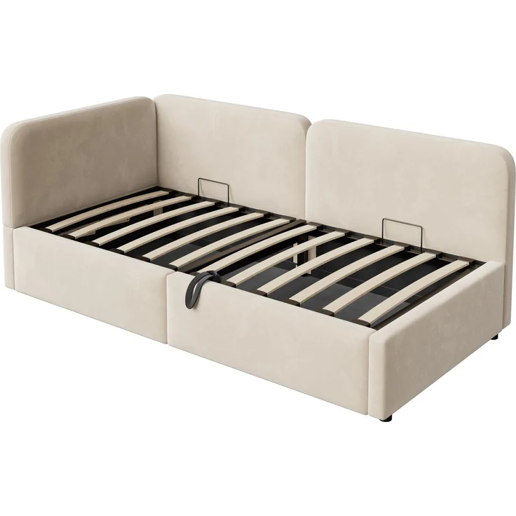 LVHOM Polsterbett 90x200 mit Stauraum, Samt Tagesbett mit Hydraulik, 2-in-1 Schlafsofa Bettgestell mit Lattenrost, Einzelbett, Beige – Bild 2