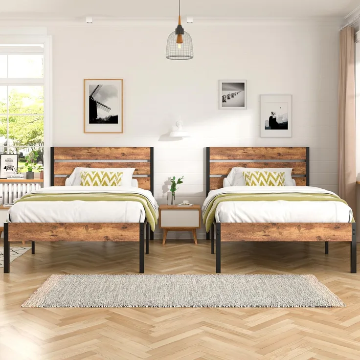 VECELO 2er-Set Bettgestelle 90x200 cm, Einzelbetten mit Holzkopfteil und Metall-Lattenrost, stabil und geräuschlos, mit 31 cm Stauraum, Industrial Design für Schlafzimmer, Braun