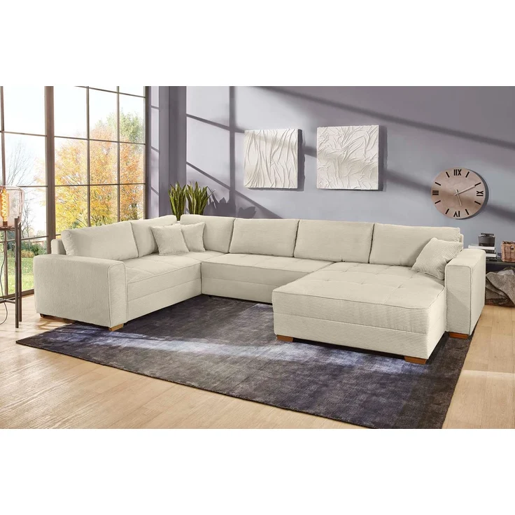Wohnlandschaft U-Form Sofa Schlaffunktion Couch Bettkasten Cord in Grau Beige – Bild 4