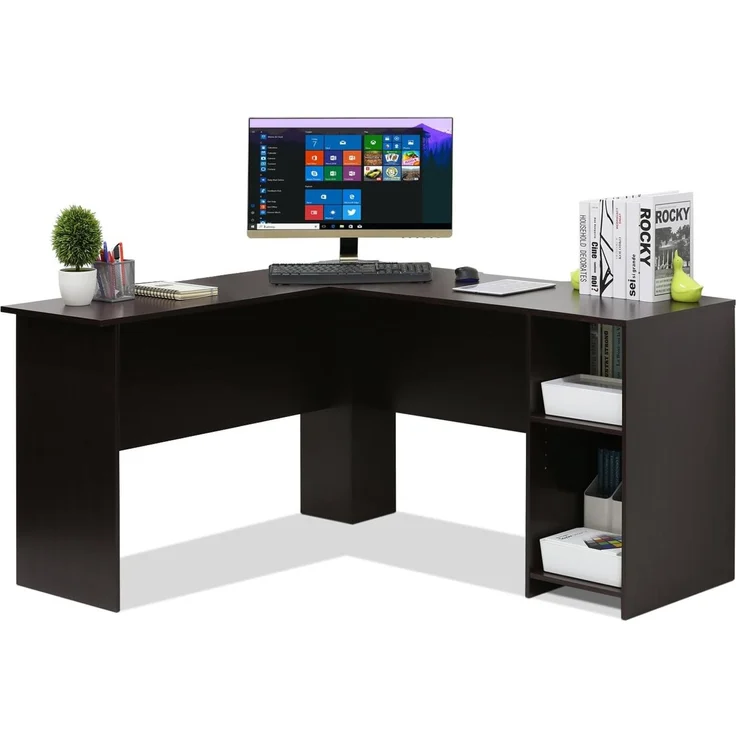 Furinno L-förmiger Schreibtisch mit Regalen, Holz, Espresso, 125.9 x 135.9 x 72 cm – Bild 1