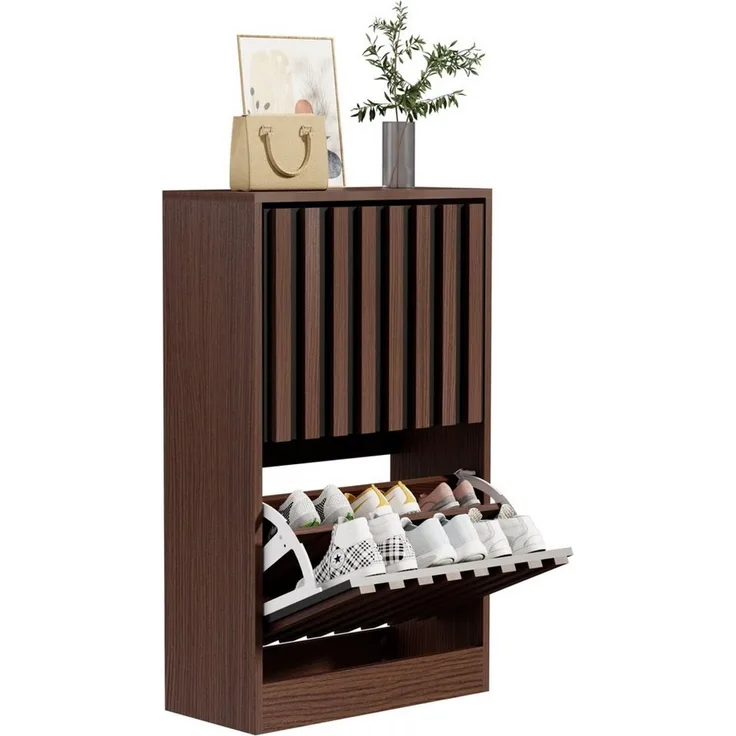 UEV Schuhschrank mit 2 Klappen Schuhregal Schukipper schmal 24CM tief (Anti-Kipp-Vorrichtung für Eingangsbereich, Modern Schuhaufbewahrung mit Oberplatte Platzsparend, Schuhkommode) Trennwände verstellbar und abnehmbar für verschiedene Schuhtypen