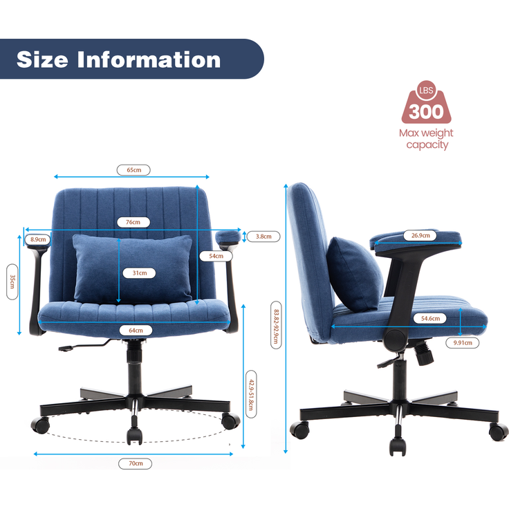 Bürostuhl aus Samt, höhenverstellbar mit klappbaren Armlehnen, 21,5x25,2x33 cm, Blau – Bild 2
