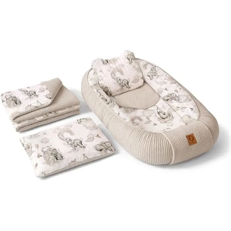 Babynest Nestchen Baby Set für Neugeborene – 5-teilig – Kuschelnest aus 100% Baumwolle & Waffelpique – Babykokon tragbar – für Babybett, Kinderbett & Kinderwagen – OEKO-TEX - Elefanten und Sand