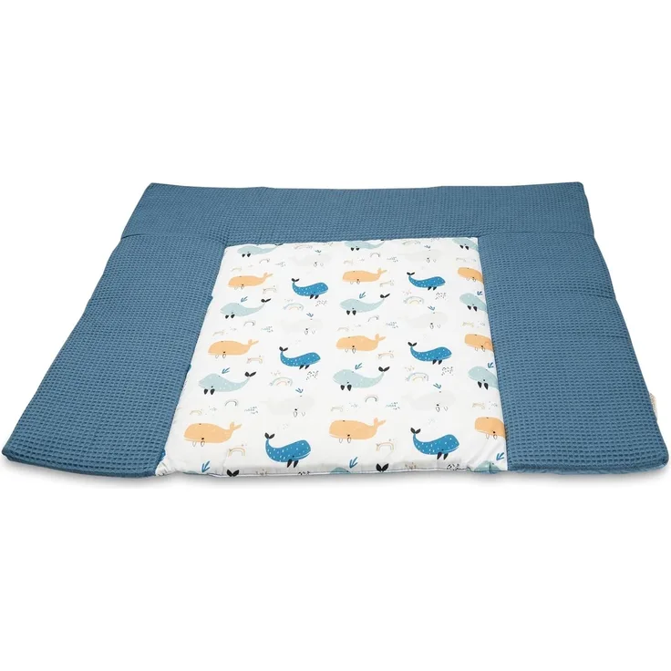 ULLENBOOM ® Wickelauflage 85x75 cm Waffelpiqué Blau Wale (Made in EU) - Wickelunterlage Waschbar und für Unterwegs geeignet, Bezug: 100% OEKO TEX Baumwolle, Wickeltischauflage 75x85
