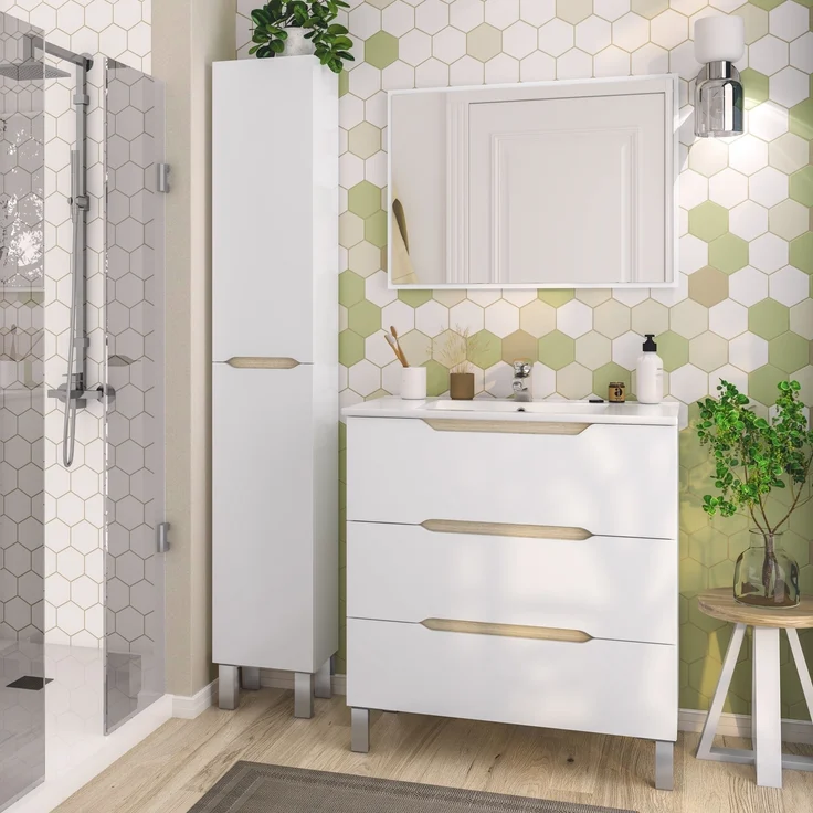Badezimmer-Set >LEA< (3-tlg.) in Weiß glänzend / Eiche Dekor - 80x86x45 (BxHxT) – Bild 1